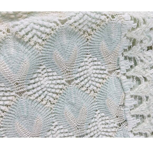 ANTIQUE BABY BLANKET DELICATE FINE 40 X 40 PALE MINT GREEN COVERLET PEACOCK VNTG - Picture 2 of 11